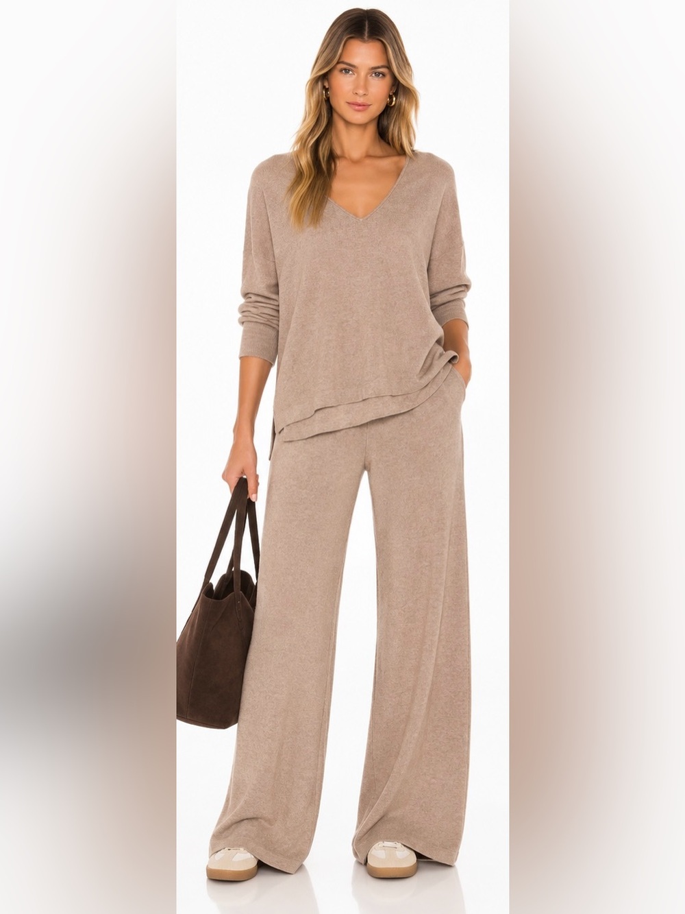 Splendid XL 2 Piece Sweater Knit Set V Neck Top Wide Leg Pants Taupe